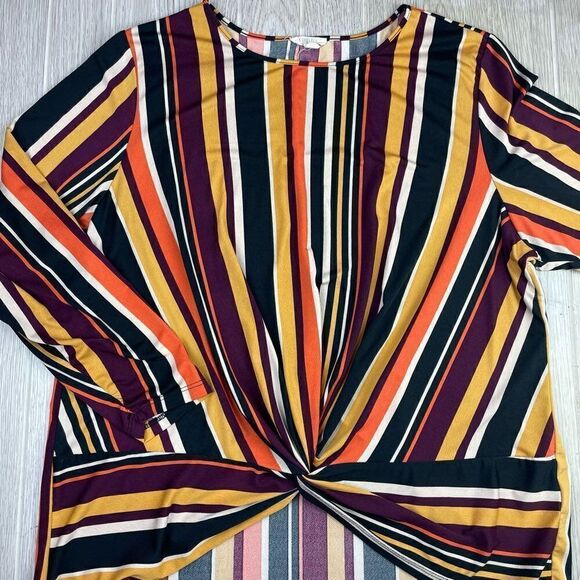 Como Blue. Women’s Multicolor Striped Front Knot Long Sleeve Blouse 2X - Picture 2 of 12